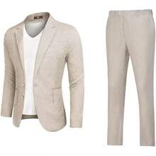 Mens Linen Suits 2 Piece Beach Wedding Blazer Summer Grooms Classic Lightweight Breathable Jacket Pantshalloween - Xanh nhạt - Xem 5