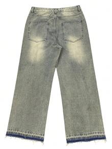 Calça Jeans Masculina Reta Solta com Barra Desfiada, Perna Larga, Streetwear Casual Y2K, Lavagem Vintage Desgastada, Todas as Estações