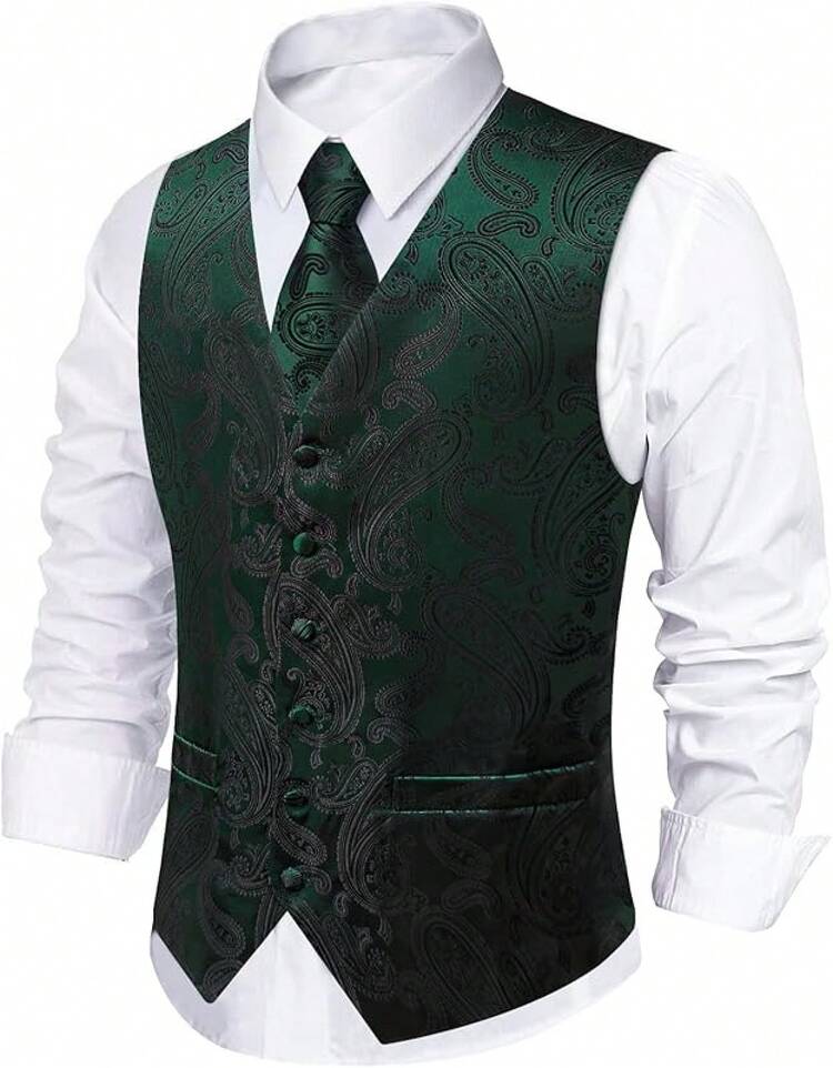 Mens Victorian Vest Tie Set Silk Paisley Suit Vests Formal Waistcoat Gothic Steampunk Vest With Notched Lapelshalloween - Emerald Green-1 - View 9