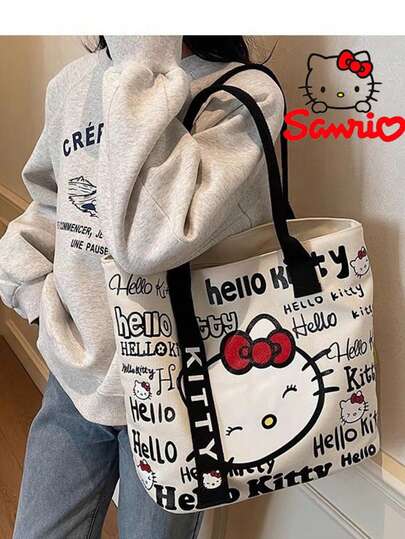 Sanrio 新款Hello Kitty帆布手提包，女士大容量单肩包，学生手提包，旅行休闲便捷携带