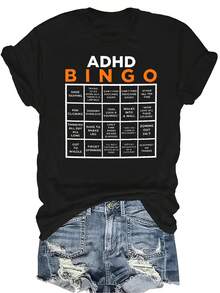 Camiseta de Bingo TDAH Unisex, Casual de Verano, Transpirable, Personalidad, Cuello Redondo, Manga Corta, Ropa de Calle, Versátil, Adecuada para Adolescentes y Adultos - Negro - Ver 1