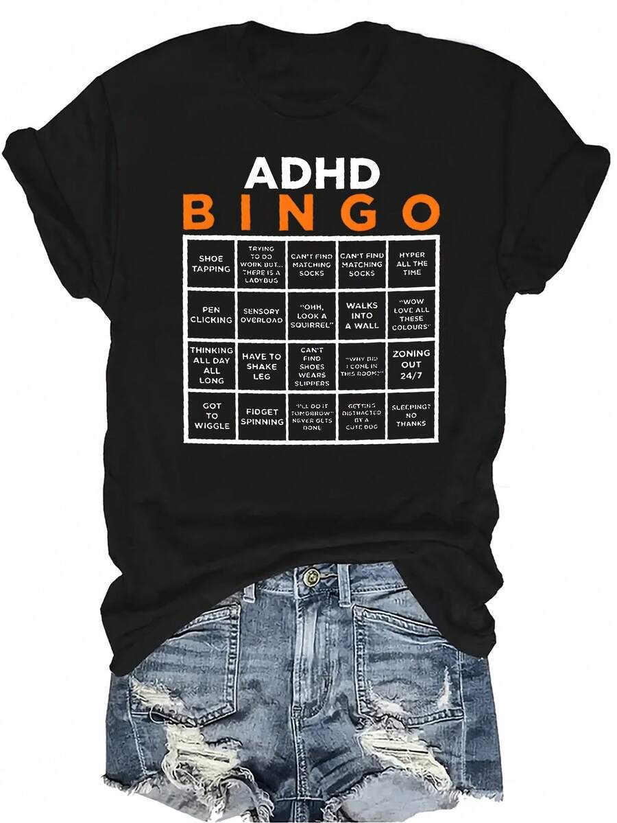 Camiseta de Bingo TDAH Unisex, Casual de Verano, Transpirable, Personalidad, Cuello Redondo, Manga Corta, Ropa de Calle, Versátil, Adecuada para Adolescentes y Adultos - Negro - Ver 1