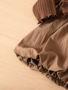 2pcs Baby Girls' Brown Collar Bow Decor Sleeveless Vest & Bubble Skirt Dress Set With Matching Long Sleeve Bear Jacket, Toddler Autumn Outfit - Coffee Brown - View 8