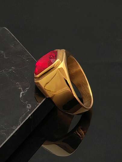 1枚高品质316不锈钢镀金戒指，镶嵌红色宝石，男女皆宜