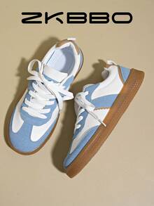 ZKBBO. 女士休闲运动鞋，平底，轻便，舒适，系带，圆头，复古，多色，健身，步行鞋 - 藍白色 - 查看 5