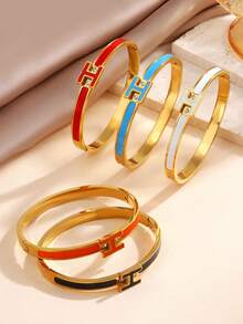 1 件珐琅字母“H”不锈钢手链，女士时尚袖口，时尚情侣手链 - 彩色 - 查看 2