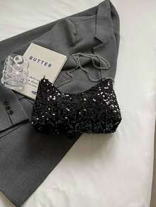 1 件绗缝拉链封口 PVC 亮片托特包，大容量闪亮腋下包，时尚链条单肩斜挎包，适合女性外出、度假、聚会、宴会 - 黑色 - 查看 5