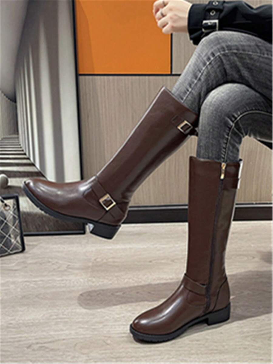 2025 New Round Toe Over-The-Knee Riding Boots For Women, British Style Slim Fit, Chunky Mid Heel, Versatile For Autumn/Winter