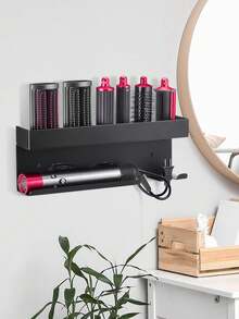 壁挂式吹风机支架，用于收纳美发配件、吹风机和卷发棒，无需钻孔即可安装，可用作吹风机支架、美发工具收纳盒、浴室美发工具整理架。 - 彩色 - 查看 3