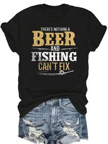Camiseta con estampado de cerveza y pesca, unisex, de verano, casual, transpirable, con personalidad, cuello redondo, manga corta, ropa de calle, versátil, adecuada para adolescentes y adultos - Negro - Ver 1