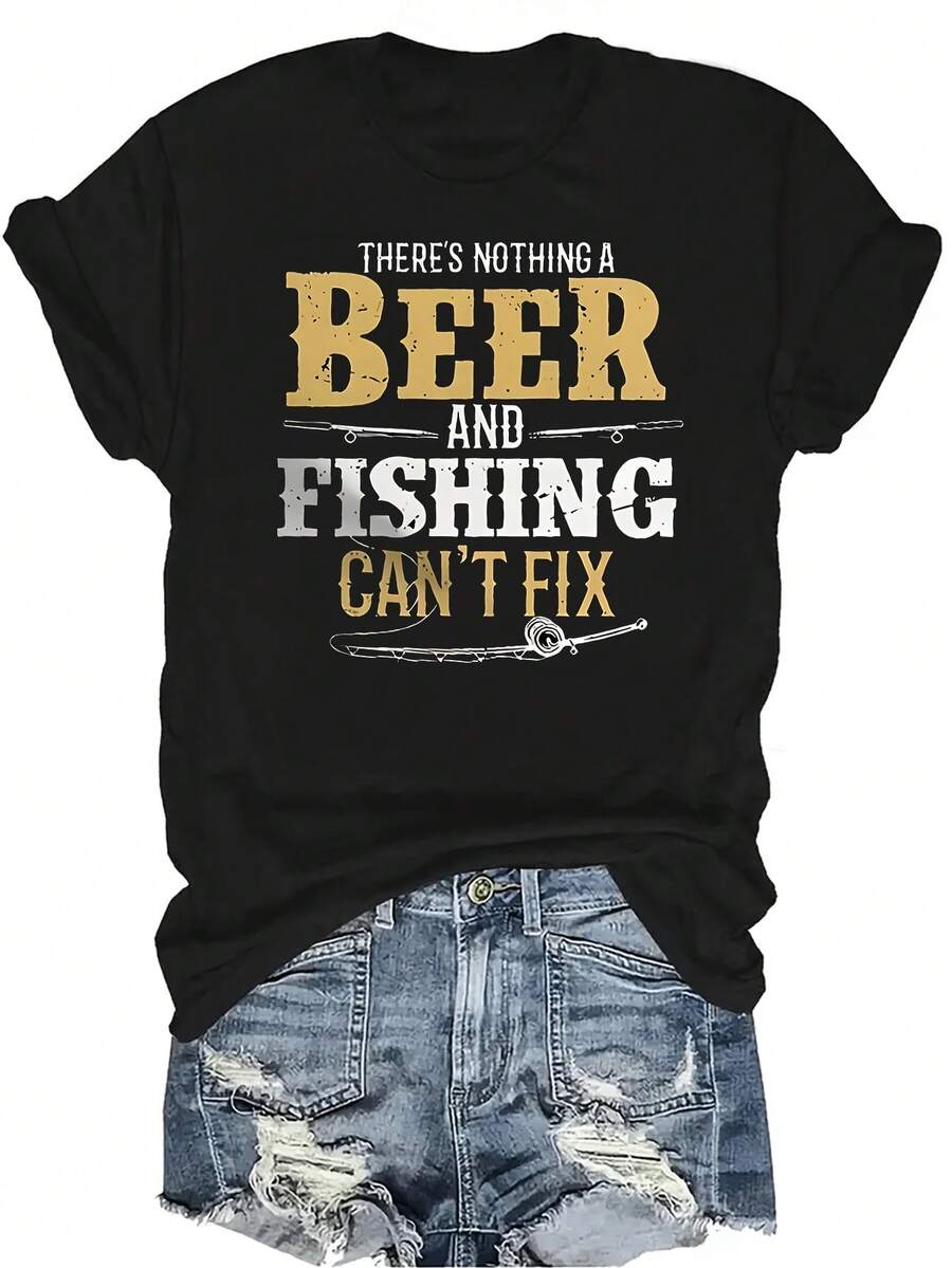 Camiseta con estampado de cerveza y pesca, unisex, de verano, casual, transpirable, con personalidad, cuello redondo, manga corta, ropa de calle, versátil, adecuada para adolescentes y adultos - Negro - Ver 1