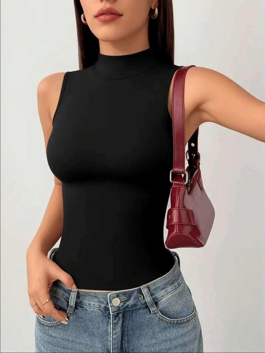 Women's Turtleneck Tank Top, Basic Casual Elegant Blouse - Negro - Ver 1