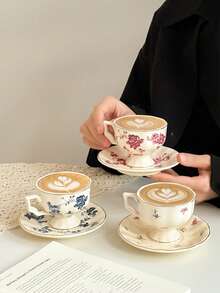 1件套法式玫瑰下午茶浓缩咖啡杯碟套装，复古小众高端陶瓷咖啡杯碟，瓷质茶杯 - 彩色 - 查看 1