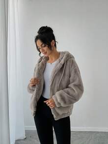 Women's Faux Fur Jacket For Winter, Solid Color With Strong Texture, Hooded With Drawstring, Casual College Style, Soft, Warm, Comfortable And Elegant - Grey - View 11