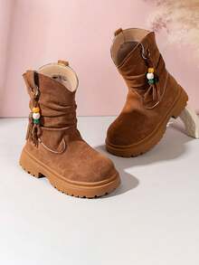 New Brown Colorful Beaded Pendant Decorated Girls Short Boots, Simple Slip-On Comfortable Back-To-School Children's Boots, Quality Faux Suede Material, Cozy Lining And Thick Soft Sole, Suitable For 4-18 Years Old Kids, Versatile Mid-Calf Boots For All Seasons