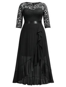 MIUSOL Plus Elegant Floral Lace 3/4 Sleeve Ruffle Trim Flowy Maxi Swing Dress, Formal Evening Gown, For Wedding Guest, Graduation, Dinner, Homecoming, Birthday Party - 黑色 - 查看 7