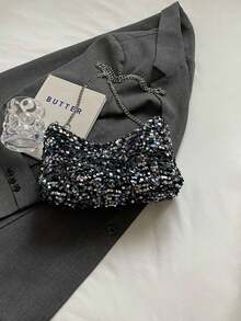 1 件绗缝拉链封口 PVC 亮片托特包，大容量闪亮腋下包，时尚链条单肩斜挎包，适合女性外出、度假、聚会、宴会 - 彩色 - 查看 5