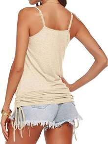 Tops Women Lace Up Shirt - Summer Spaghetti Strap Tank With Side Shirring & Banded Bottom - 米色 - 查看 4