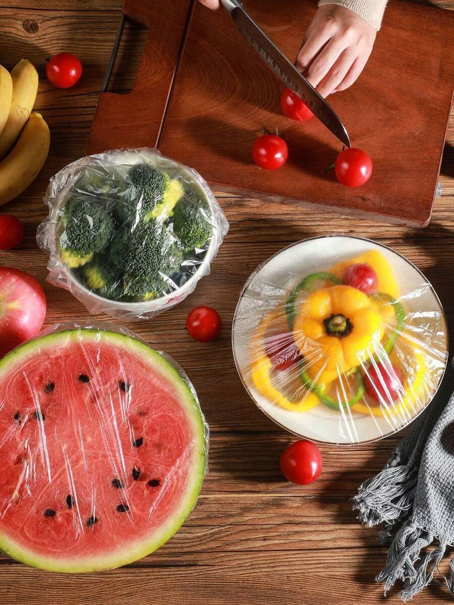 100 piezas Película de almacenamiento de alimentos elástica para invitados - Envoltura de plástico elástico y translúcido, preserva los restos, frutas y verduras, cubierta de frescura, perfecta para la cocina, el refrigerador y el almacenamiento en la mesa