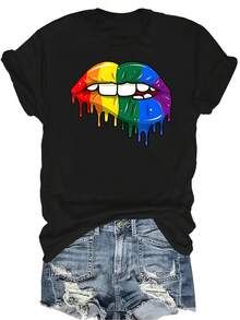 Camiseta unisex de verano con estampado de labios, boca y dientes en colores llamativos. Diseño casual, transpirable y de cuello redondo con manga corta. Prenda versátil y adecuada para adolescentes y adultos. - Negro - Ver 1