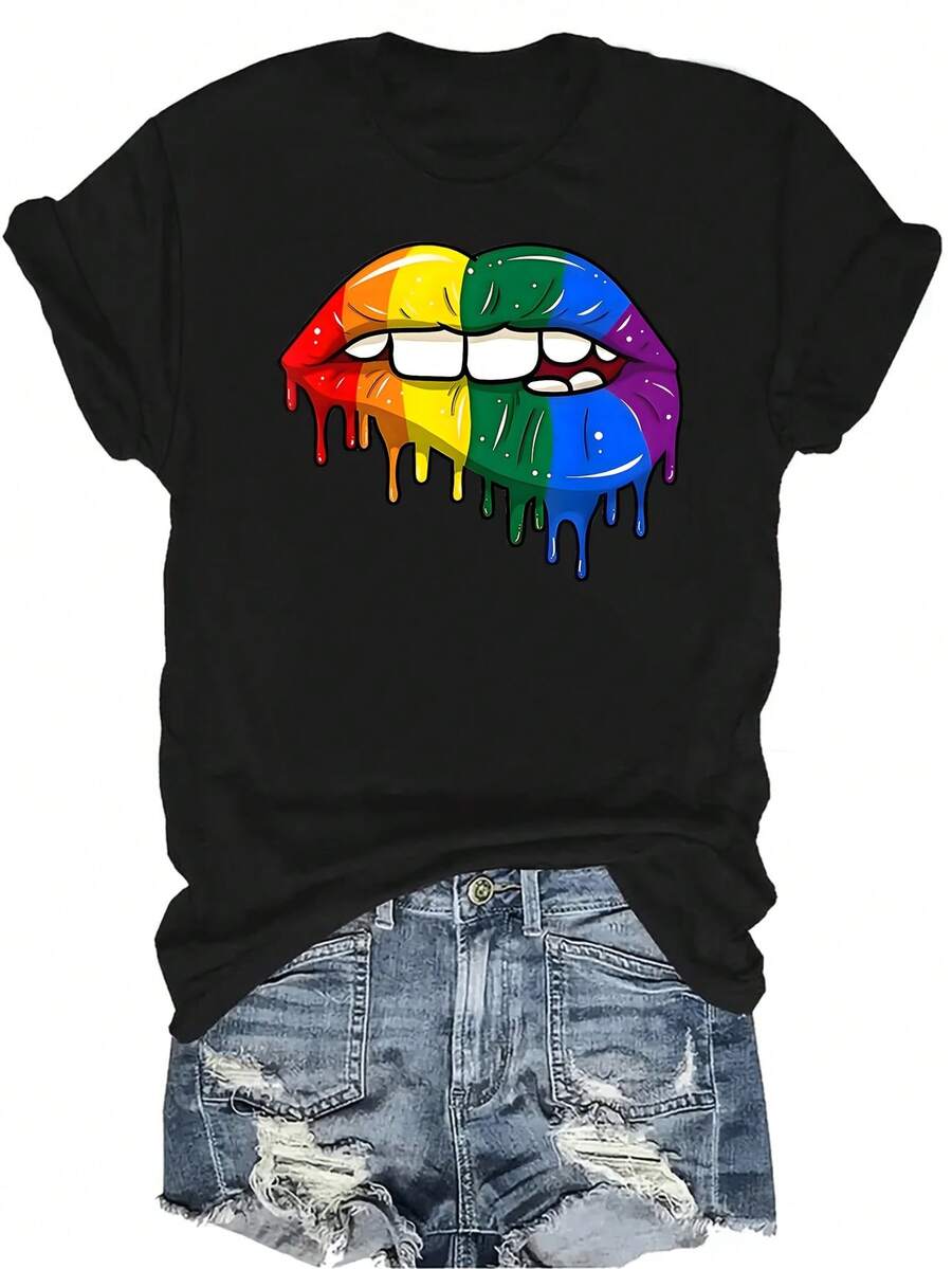 Camiseta unisex de verano con estampado de labios, boca y dientes en colores llamativos. Diseño casual, transpirable y de cuello redondo con manga corta. Prenda versátil y adecuada para adolescentes y adultos. - Negro - Ver 1