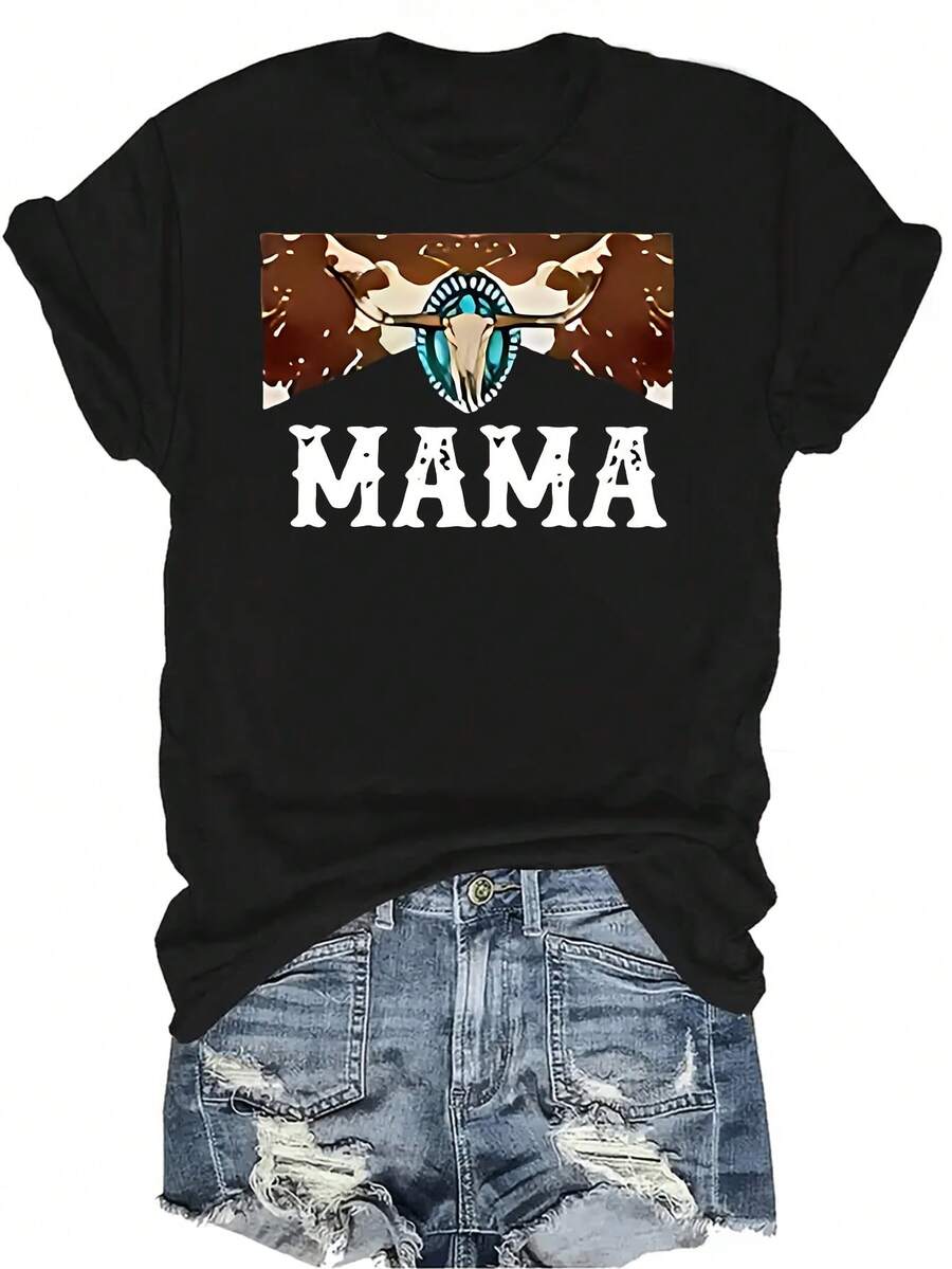 Camiseta MAMA Vaca Unisex de verano, casual, transpirable, de personalidad, cuello redondo, manga corta, ropa de calle, versátil, adecuada para adolescentes y adultos - Negro - Ver 1