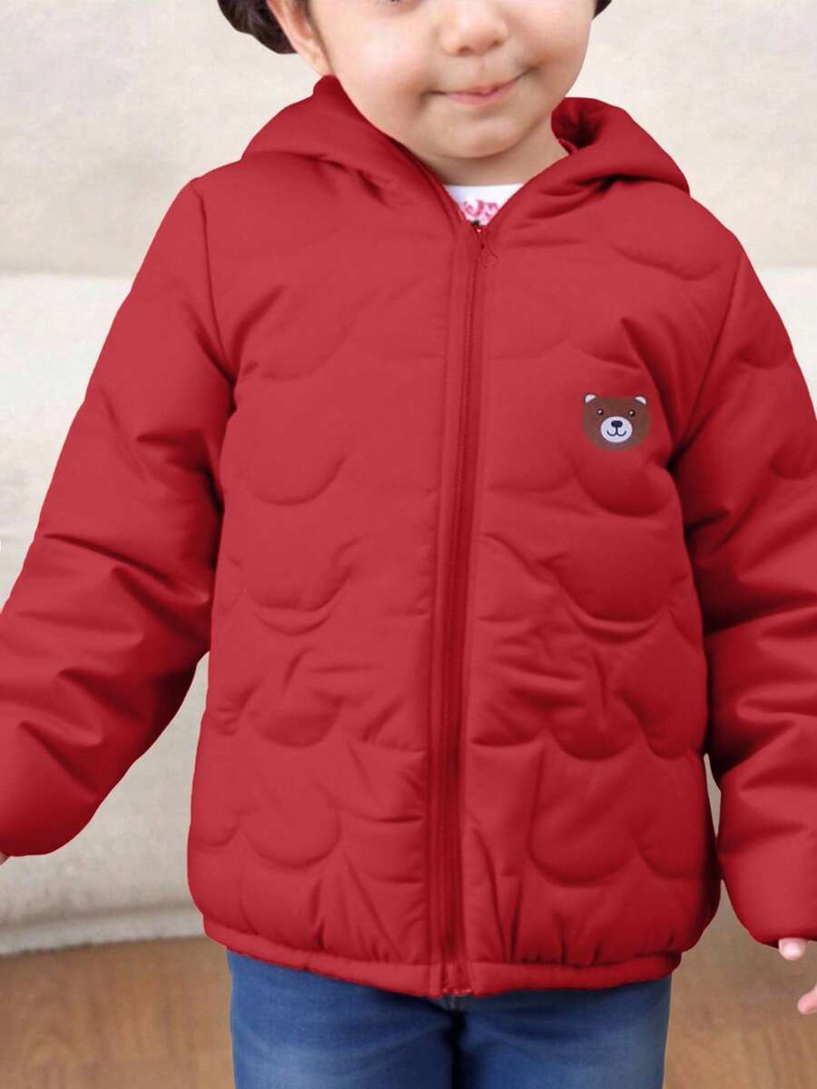 Cazadora acolchado con capucha con cremallera y estampado de oso para niña pequeña - Rojo - Ver 1