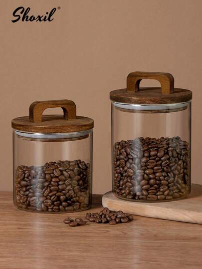 shoxil 1pc Coffee Bean Sealed Jar With Handle Wooden Lid Storage Jar Coffee Bean Glass Sealed Jar