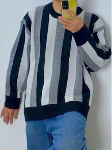 Maglione a girocollo a maniche lunghe in maglia a righe, morbido e confortevole, casual, per uomo taglia oversize, adatto per autunno/inverno