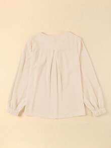 Acelitt Women's Solid Color Pleated Design Casual Long Sleeve Shirt, Suitable For Daily Commute, Spring & Autumn - Khaki - View 6