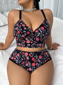 Plus Size Printed Lingerie Set, Adjustable Straps, Seamless, Suitable For Daily Wear In Various Occasions - Black - View 5