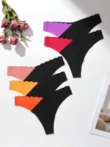 5 件/包无缝扇贝设计女士内裤，舒适撞色丁字裤，豹纹和丝绸面料，适合所有季节和日常穿着 - 彩色 - 查看 4