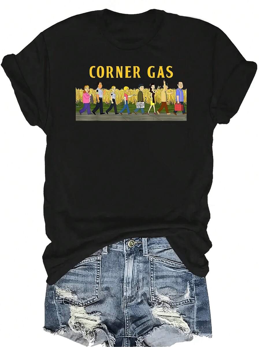 Camiseta de la carretera Dog River Corner Gas, unisex, de verano, casual, transpirable, con personalidad, cuello redondo, manga corta, ropa de calle, versátil, adecuada para adolescentes y adultos - Negro - Ver 1