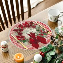 1 buc/4 buc/6 buc/60 buc Covorașe rotunde cu flori roșii de Crăciun, Covorașe din in de Crăciun, Covorașe rezistente la murdărie, Potrivite pentru casă, sufragerie și restaurant, Decor de masă, Articole pentru casă - Multicolor - Vizualizare 7