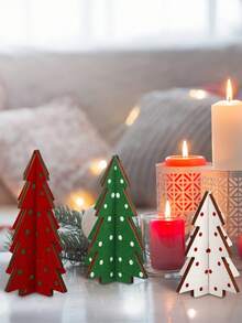 Brad de Crăciun în stil rustic, 3 buc/1 buc - model cu buline roșii, albe și verzi, decorațiuni de masă din lemn pentru centre de sărbători și tăvi pe niveluri, perfect pentru decorarea de Crăciun - Multicolor - Vizualizare 5