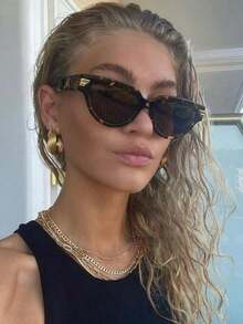 1pc Oval Shaped Large Frame Women's Fashionable Glasses, Cat Eye Fashion Glasses Simple And Versatile For Summer Beach Vacation,Outdoor,Travel Preppy Style For Back To School Cat Eye Shape Leopard Tortoise Shell Printing - 棕色 - 查看 3