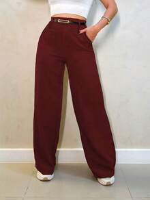 Kit Of 2 Women's Tailored Wide Leg Pants With Belt, Winter/Summer  2026 - 酒紅色/灰色 - 查看 3
