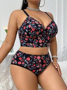 Plus Size Printed Lingerie Set, Adjustable Straps, Seamless, Suitable For Daily Wear In Various Occasions - Black - View 3
