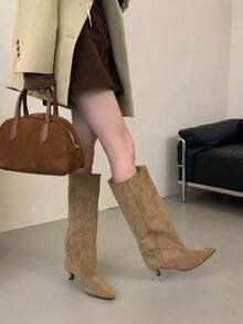 Fall/Winter Women's Black Thigh High Boots, Fashion European Style Knee High Boots, Simple Design Versatile Pants Boots With Thick Pointed Toe Low Heel,Kitten Heels - Brown - View 6