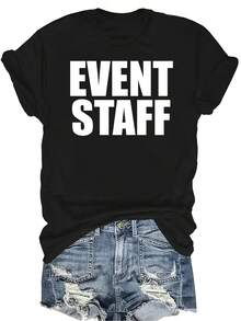 Camiseta de personal del evento, unisex, de verano, casual, transpirable, con personalidad, cuello redondo, manga corta, camiseta urbana, versátil, adecuada para adolescentes y adultos - Negro - Ver 1