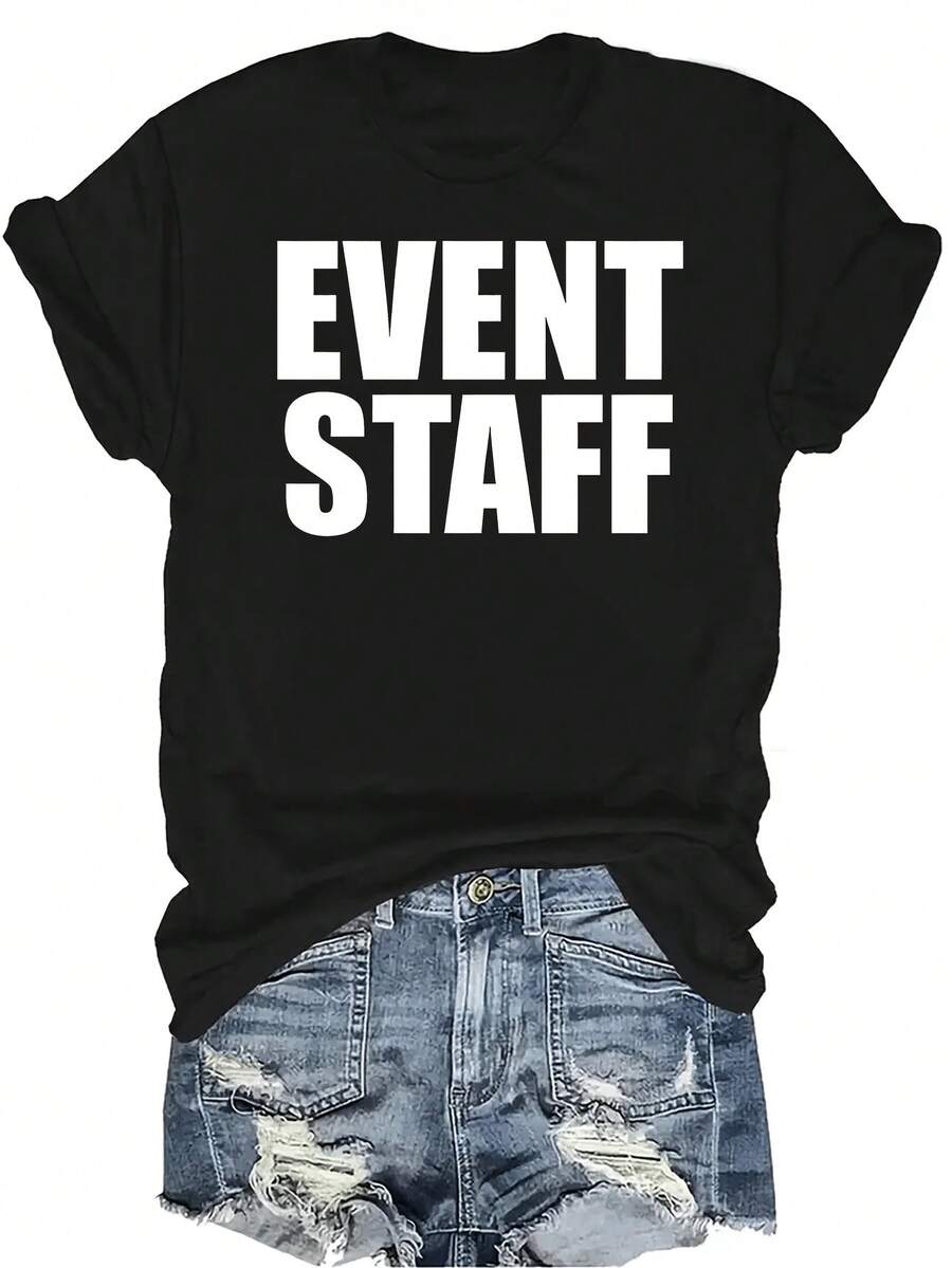 Camiseta de personal del evento, unisex, de verano, casual, transpirable, con personalidad, cuello redondo, manga corta, camiseta urbana, versátil, adecuada para adolescentes y adultos - Negro - Ver 1