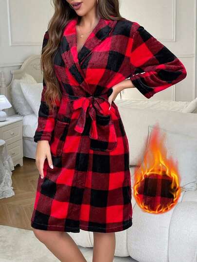 1 pieza Batas de baño para hombres y mujeres - Batas de baño de franela a cuadros ligeras y cálidas para spa, Juegos de pijama suaves con cinturones, Ropa de hogar cómoda para mujeres, Para usar después del baño, Corte holgado, Estilo casual, Estructura, Material cómodo, Cómodo y bien ajustado para la familia, Pijamas para adultos Decoración cálida de invierno