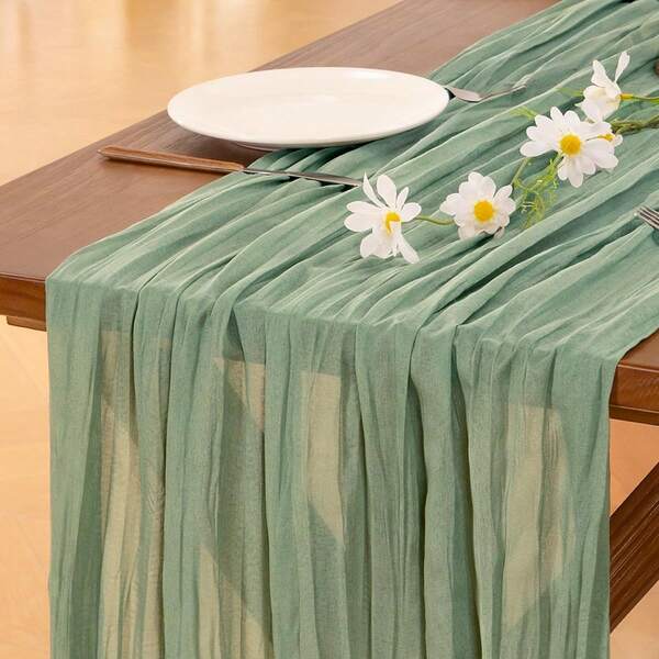 1 Pack 35.43x71 Inches Green Pleated Table Runner, Bohemian Style, Cheesecloth Table Runner, Folding Tablecloth, Festive Birthday Decoration, Party Decoration, Festive Home Decoration, Party Room Table Decoration Tablecloth, Table Runner, Solid Color Tablecloth, Birthday Decoration, Wedding Decoration, Valentine's Day, Christmas, New Year, Table Service Christmas Decorations Room Decor