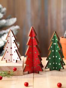 Brad de Crăciun în stil rustic, 3 buc/1 buc - model cu buline roșii, albe și verzi, decorațiuni de masă din lemn pentru centre de sărbători și tăvi pe niveluri, perfect pentru decorarea de Crăciun - Multicolor - Vizualizare 1