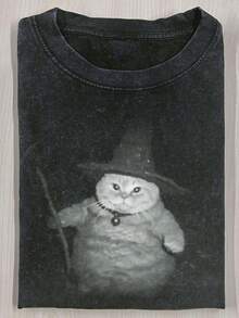 Witch Cat Graphic Vintage Washed Short - Sleeved T - Shirt, Casual Loose Round Neck Pure Cotton Top For Summer - màu đen - Xem 1