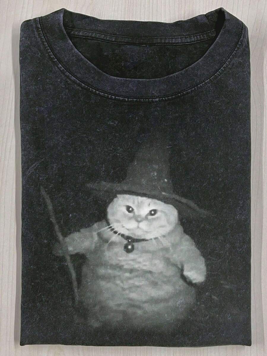 Witch Cat Graphic Vintage Washed Short - Sleeved T - Shirt, Casual Loose Round Neck Pure Cotton Top For Summer - màu đen - Xem 1