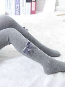 5pcs Girls' Solid Color Leggings Tights, Bow Decor Stirrup Pants Suitable For Everyday Wear, All Seasons