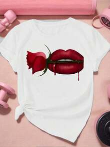 T-Shirt mit Grafik und rosa Lippen, lässig, kurzärmelig, Rundhalsausschnitt, neu, 220 g reine Baumwolle (1 Stück)