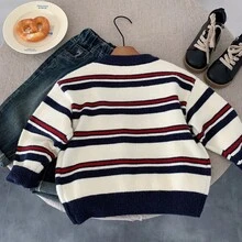 Boys' Striped Cardigan Sweater, 2025 Autumn New Casual Retro Contrast Color Cute Korean Style Loose Jacket - Navy Blue - View 6