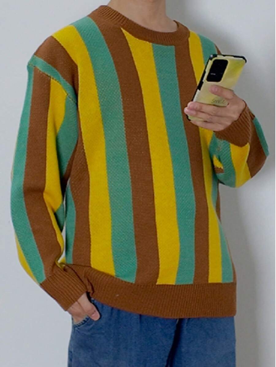 Plus Size Men's Casual Soft & Comfortable Striped Crew Neck Long Sleeve Knit Sweater, Autumn/Winter